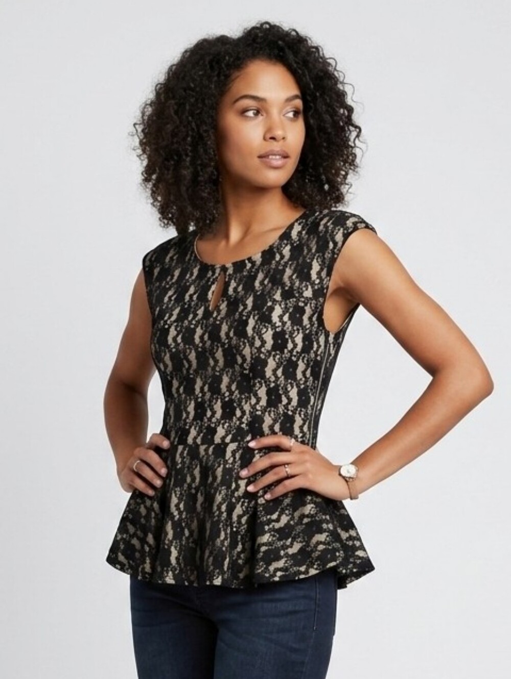 Body Central Black Lace Peplum Top with Cream Underlay